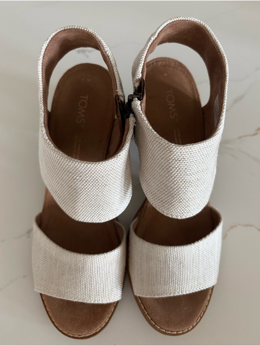 TOMS Majorca Cut Out Sandal Block Heel Natural Ivory Canvas Zip Side Size 7 - Picture 1 of 6